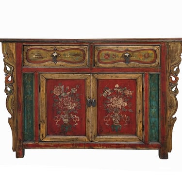 Chinese Distressed Mustard Yellow Red Flower Sideboard Credenza Cabinet cs7742E 