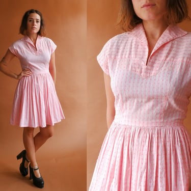 Vintage 50s Pink Pinstriped Cotton Dress/ 1950s Patio Full Skirt Mini Dress/ Size small 26 