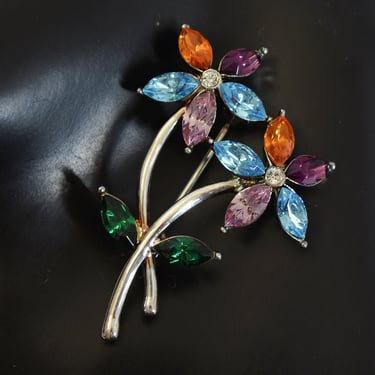 60's Monet Atomic rhinestones silver plate flowers brooch, colorful abstract floral bling pin 