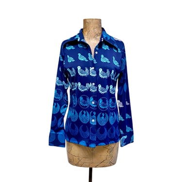 Vintage 1970s Blue Bird Print Top, Novelty Print Polyester Shirt with Pigeons, 70s Casual Disco Era Blouse, Small 36