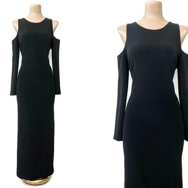 VINTAGE 80s 90s Black Curvy Stretch Dress with Cold Shoulders by Expo M-XL | 1980s 1990s Avant-Garde Wiggle Cocktail Dress | VFG 