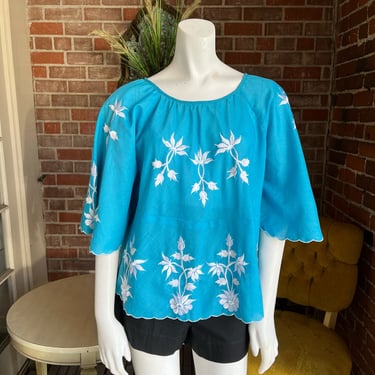 Turquoise and White Embroidered Top