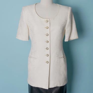 1980s Christian DIOR Ivory Jacquard Short Sleeve Evening Jacket 