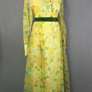 1960's - Yellow Floral Organza - Formal - Party Dress - Metal Zipper - Estimated size 4/6 