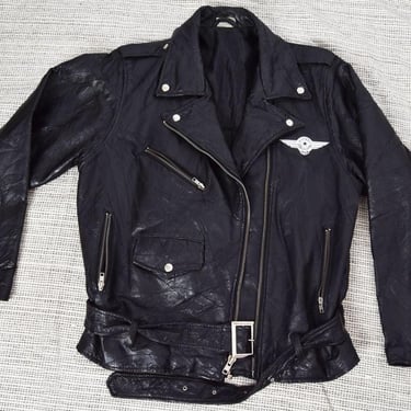 1980's Black Leather Motorcycle Biker Jacket Vintage Coat 1990's Harley Davidson Patch Unisex Men's Womens 