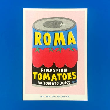 A risograph print of a can of Roma plum Tomatoes