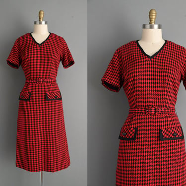 1950s vintage dress | Red & Black Herringbone Dress | Medium | 