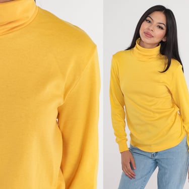 Bright Yellow Turtleneck 90s Long Sleeve Shirt Basic Top Pullover Simple T-Shirt Plain Tee Solid Layer Single Stitch Vintage 1990s Medium M 