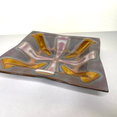 Vintage 1960s Higgins Glassware Fused Glass 9” Square Dish 