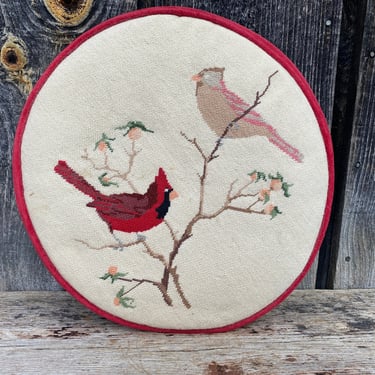Vintage Bird Pillow — Vintage Bird Needlepoint Pillow — Needlepoint Pillow — Round Pillow — Round Needlepoint Pillow — Bird Pillow — Birds 