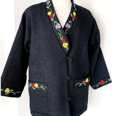 Vintage Asian Quilted Jacket Black w/Floral Embroidery 