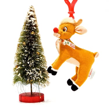 VINTAGE: Stuffed Rudolph with Hook - Hanging Ornament - Christmas Reindeer Figurine - Deers  - SKU 25-C2-00013346 