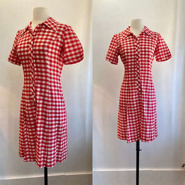 Vintage 50s 60s DAY Dress / Red + White GINGHAM Check Cotton / Front Buttons + Spread Collar / Mod Sporty Style 