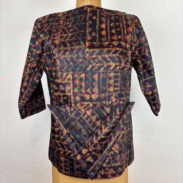 Vintage 60s Black and Orange Batik Print Boatneck Shirt Topper Beatnik S/M 