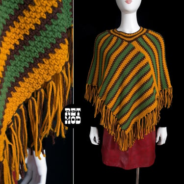 So Good Vintage 60s 70s Mustard Gold, Olive Green, &amp; Brown Stripe Crochet Poncho with Fringe 