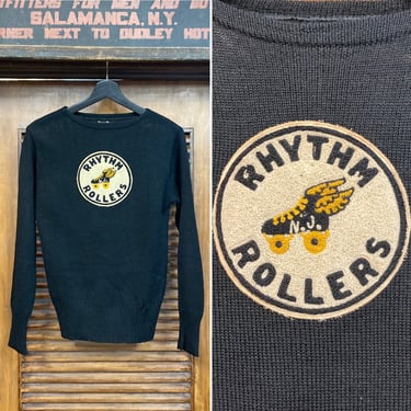 Vintage 1940’s “Rhythm Rollers” Roller Skate Club Knit Sweater, 40’s Club Top, Vintage Pullover, Vintage Clothing 