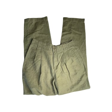 Vintage Liz Sport Army Green Linen Pleated High Waisted Trouser Pants, Size 10 
