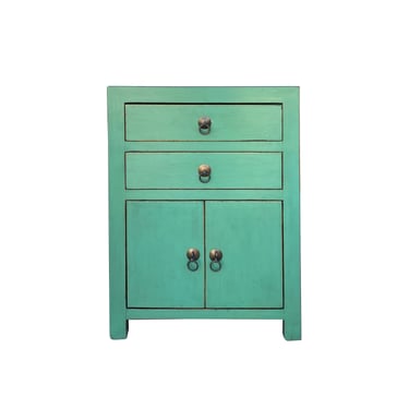 Chinese Distressed Turquoise Green 2 Drawers End Table Nightstand cs7420E 