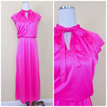 1970s Vintage Pink Poly Knit Pussybow Tie Neck Maxi Dress / 70s / Seventies Smocked Neck Cap Sleeve Gown / Size Small - Medium 