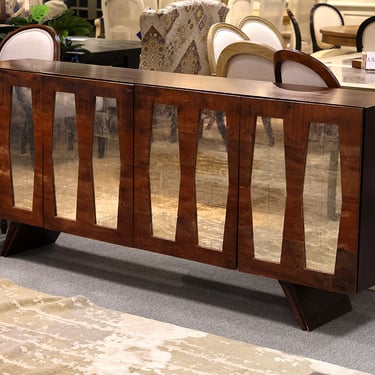 Horchow Buffet w/Smoked Glass Inlay in Dark Wood Cabinet. 4 Doors