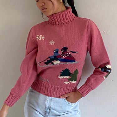 80s Ralph Lauren handknit sweater / vintage Ralph Lauren pink wool handknit winter scenic cropped turtleneck rare signed sweater | S 