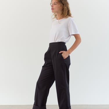 Vintage 24 Waist Side Zip Studio Trousers | Dart Pleated Black Cotton Blend Pants | 