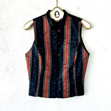 Vintage 80s 90s Baroque Metallic Gold Blue Vest Top 