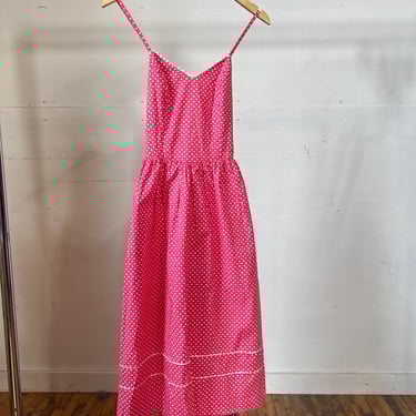 XS SM, Vintage 1970s LANZ Cotton Heart Print Pink Dress, Valentines Day, Open Back, Cute, B 