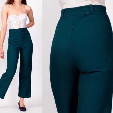 70s Emerald Green High Waisted Trousers XXS, 23" | Vintage Straight Leg Retro Polyester Pants 