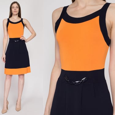 Small Y2K Luisa Spagnoli Color Block Knit Mini Cocktail Dress | Vintage Designer Navy Blue Orange Chain Belt A Line Party Dress 