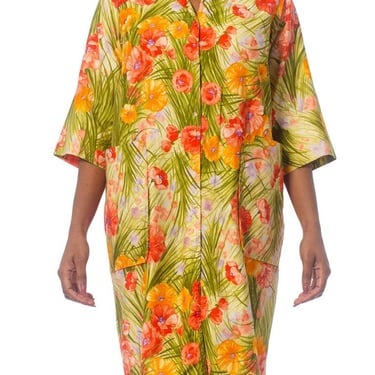 1970S SAKS FIFTH AVENUE Orange & Green Floral Cotton Sateen House Coat Dress With Patch Pockets 