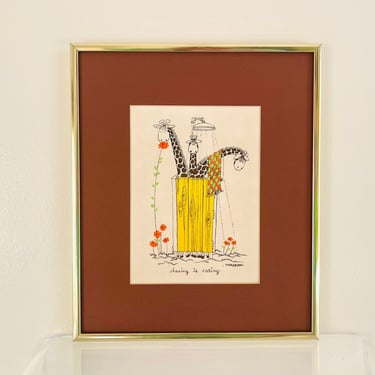 Vintage 1970s Retro Flower Daisy Giraffes Showering Sharing Is Caring M. Baldasaro  Wall Art Print Brass Framed 