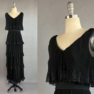 1960s Miss Elliette Dress / Fabulous Accordian Pleated Lace-Trimmed Chiffon Maxi / 1960s Black Chiffon Gown / Size Small 
