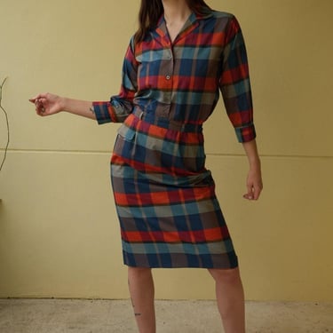 1950's Silk Suit / Golfing Suit / High Waisted Secretary Skirt with Blouse / Plaid Silk Sporting Set 