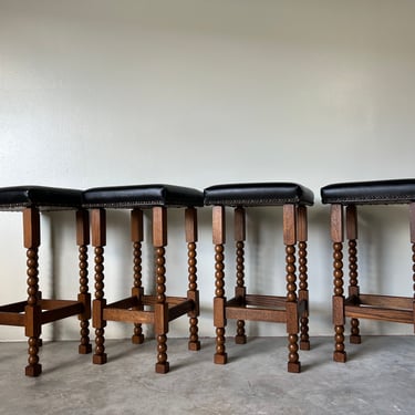 Vintage French Country Carved Oak Bobbin Legs Bar Stools - Set of 4 