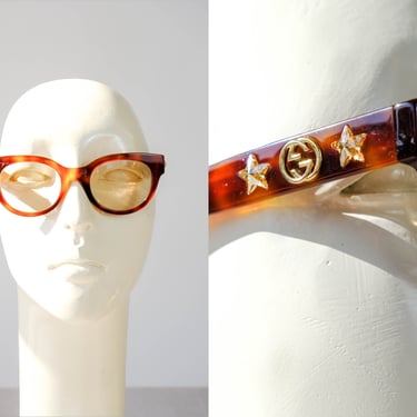 GUCCI Star Brown Havana Cat Eye Optical Frame Eyeglasses w/ GG Logo Jeweled Star Temples | Made in Italy | 2000s GUCCI Designer Glasses 