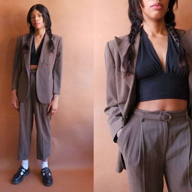 Vintage 90s Ralph Lauren Pinstripe Pant Suit/ 1990s Purple Label Brown Blazer and Belted Trousers/ Size Small 