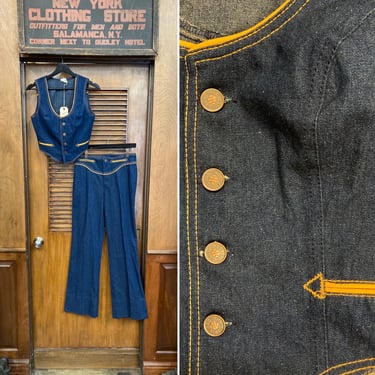 Vintage 1970’s Deadstock Rag City Blues Mod Glam Disco Denim Two Piece Outfit Set, Vest, Jeans, Pants, Matching Set, Two Piece, Deadstock 