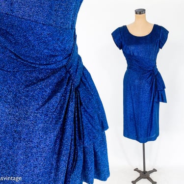 1950s Navy Blue Cocktail Dress | 50s Navy Blue Glitter Party Dress | Marilyn Monroe | Medium 