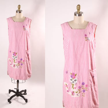 1960s Pink and White Striped Sleeveless Novelty Embroidered Flowers, Bugs, Cat and Mouse Pocketed Shift Dress -L 