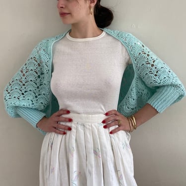 70s crochet shrug sweater / vintage aqua crochet handknit shrug cropped bolero sweater | Medium 