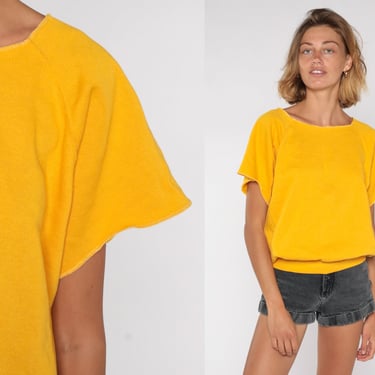 Yellow Short Sleeve Sweatshirt 80s Plain Shirt Slouchy Pullover Raglan Sleeves 1980s Top Vintage Sportswear Retro Athletic Shirt Medium M 
