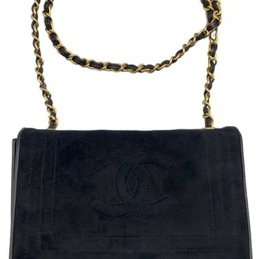 Chanel 90s Black Suede Quilted Mini Shoulder Flap Bag