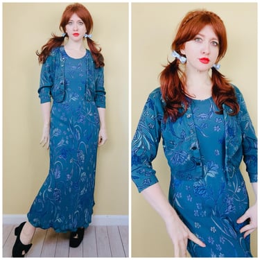 Y2K Vintage Paradiso Rayon Blue Floral Bias Cut Dress Set / Cropped Floral Knit Cardigan / Sweater / Size Small 