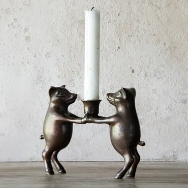 Unique Vintage Bronze Pigs Candle Holder, Whimsical Pig Candlestick Holder 