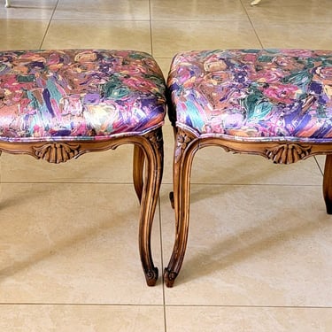 Pair French Provincial Louis XV Ottomans / Stools 