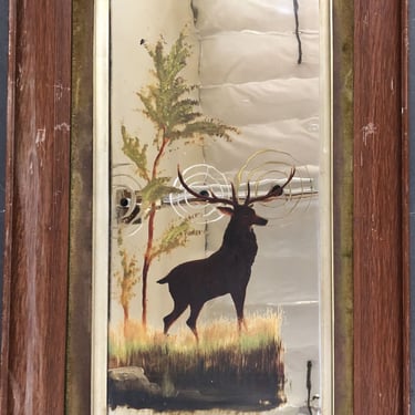 Mid Century Modern Hand Painted Buck on Mirror with Walnut Frame 