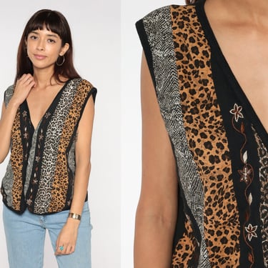 80s Vest Top Animal Print Blouse Floral Embroidered Striped Sleeveless Shirt 1980s Statement Shirt Leopard Snake Vintage Hipster Retro Large 