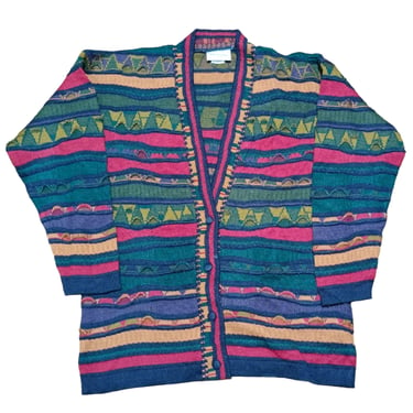 Vintage 90's Coogi Style Cardigan Sweater for men | 3D Colored | Cable Knit Sweater | Textured Stripe Pattern | Size L 