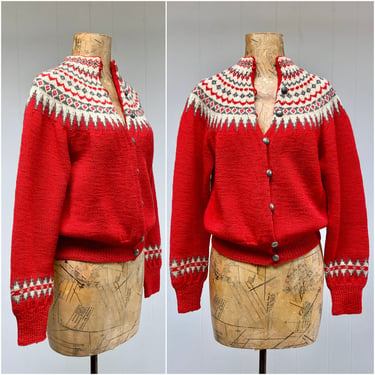 Vintage 1950s Nordic Red Wool Cardigan, Handmade Icelandic Fair Isle Sweater, Mid-Century Scandinavian Knit, Small to Medium 